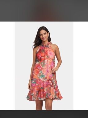 1.STATE Floral Multicolor Halter Dress Ruffle Hem Size M NWT Boho Summer